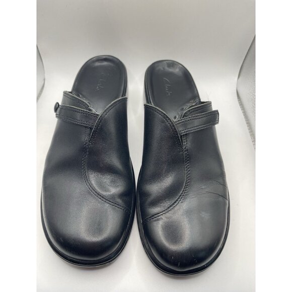 Clarks Womens 8 Black Leather Slip Step In Comfy Mule Clogs No Box Polish - Picture 2 of 10